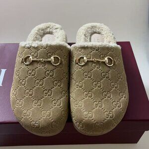 Horsebit Gucci GG Suede Shearling Mules Beige Size 38